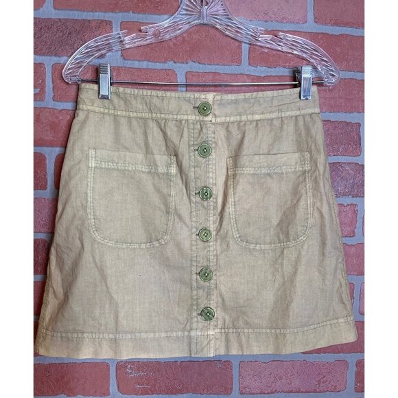 Olivia James A-Line Mini Skirt Front Two Patch Pockets Tan Green XS Lightweight